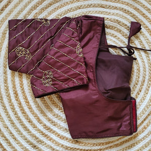 Wine Pure Silk Blouse with Handcrafted Sleeves and Back Opening