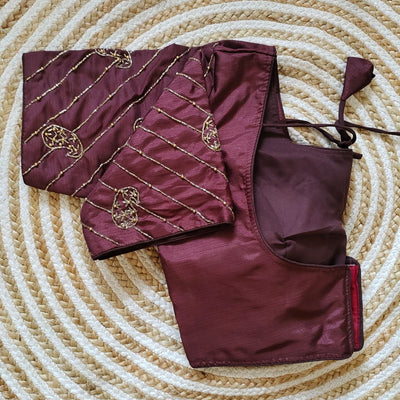 Wine Pure Silk Blouse with Handcrafted Sleeves and Back Opening