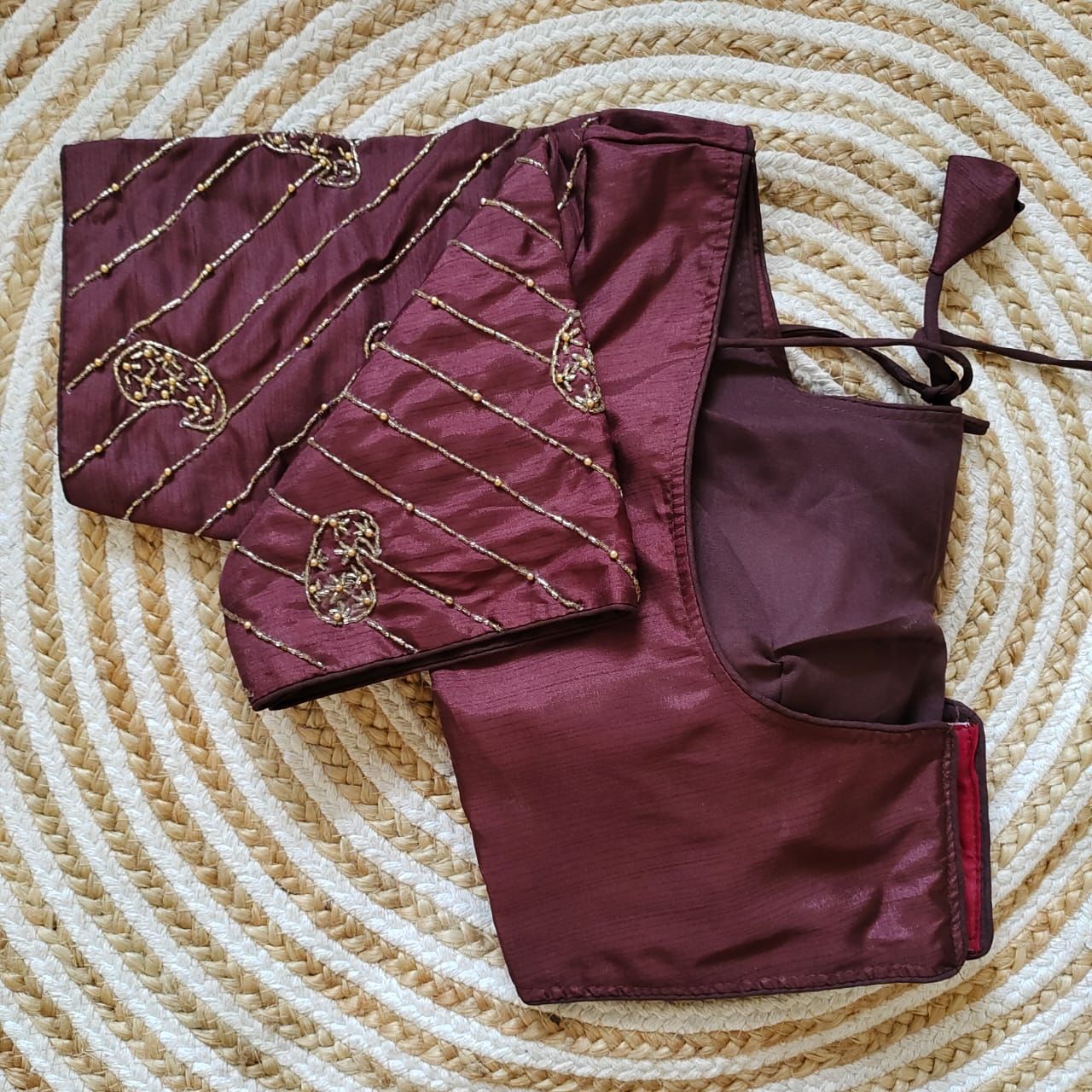 Wine Pure Silk Blouse with Handcrafted Sleeves and Back Opening