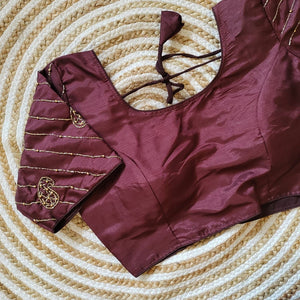 Wine Pure Silk Blouse with Handcrafted Sleeves and Back Opening