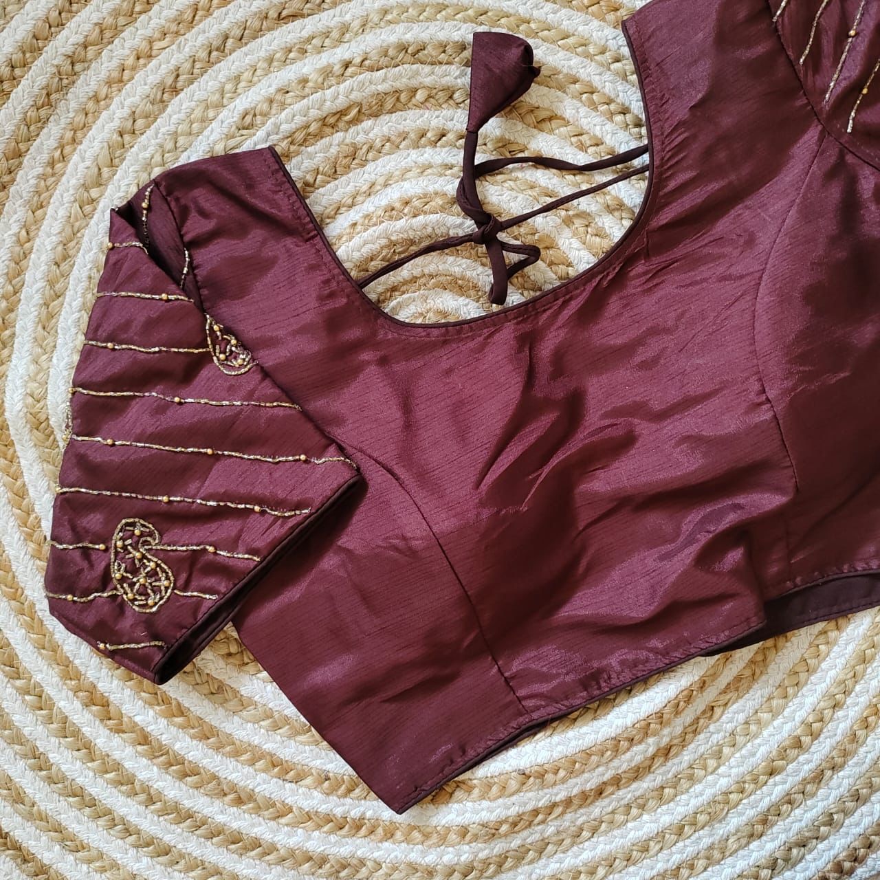 Wine Pure Silk Blouse with Handcrafted Sleeves and Back Opening