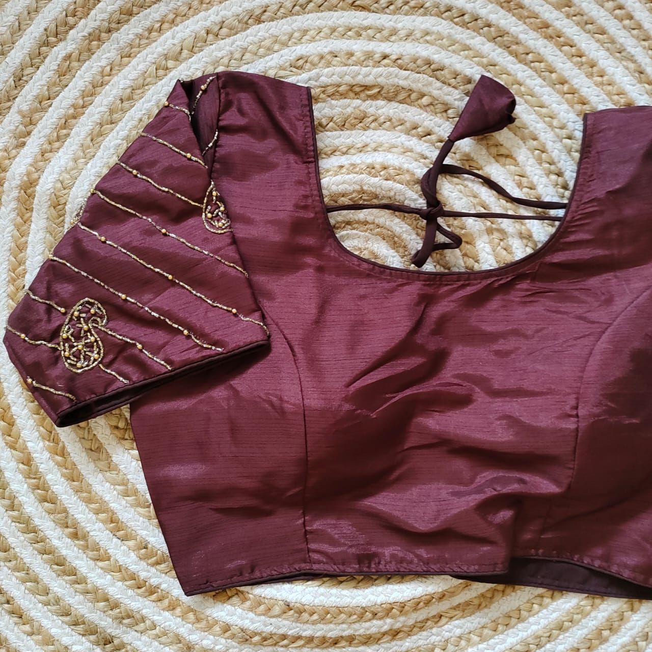 Wine Pure Silk Blouse with Handcrafted Sleeves and Back Opening