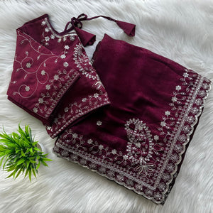 Wine Soft Silk Saree with Elegant Rubber Weaving & Heavy Embroidery Work