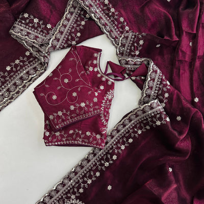 Wine Soft Silk Saree with Elegant Rubber Weaving & Heavy Embroidery Work
