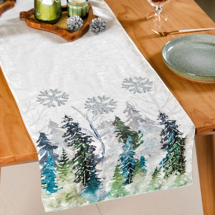 Snowfall In Pine Forest Embroidered Table Runner