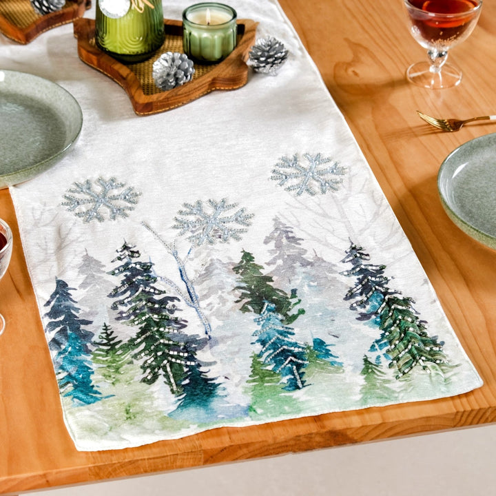 Snowfall In Pine Forest Embroidered Table Runner