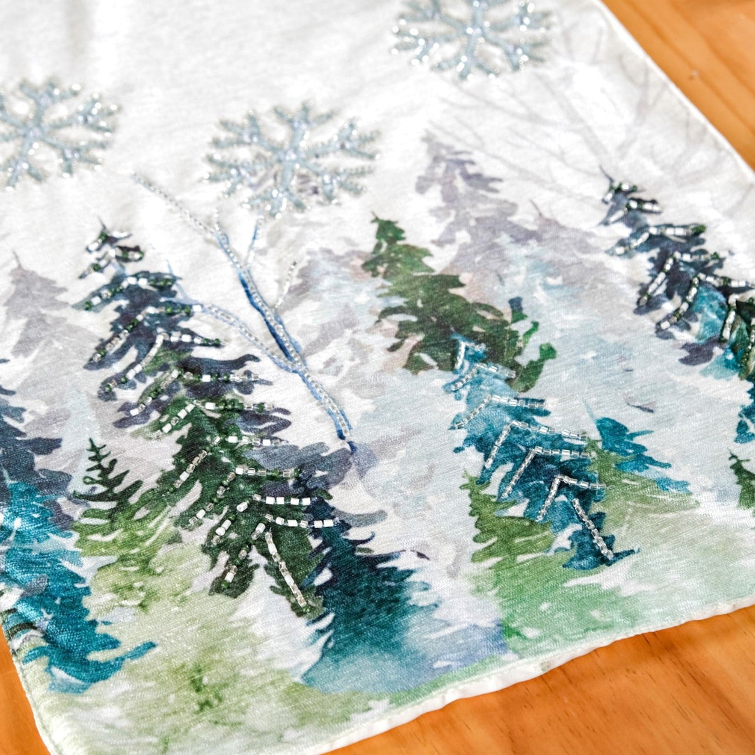 Snowfall In Pine Forest Embroidered Table Runner