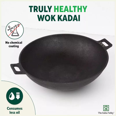 CASTrong Cast Iron Wok Kadai, Pre-seasoned, 100% Pure, Toxin-free, 31cm, 3.2L, 2.8kg
