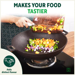 CASTrong Cast Iron Wok Kadai, Pre-seasoned, 100% Pure, Toxin-free, 31cm, 3.2L, 2.8kg