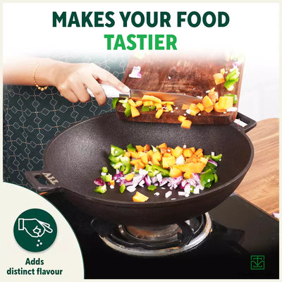 CASTrong Cast Iron Wok Kadai, Pre-seasoned, 100% Pure, Toxin-free, 31cm, 3.2L, 2.8kg