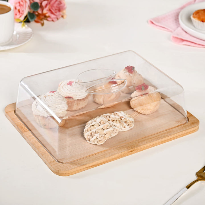 Rectangle Wooden Cake Stand With Cloche