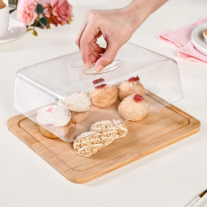 Rectangle Wooden Cake Stand With Cloche