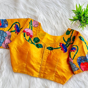Yellow Pure Silk Blouse with Decent Print and Antique Handcrafted Work
