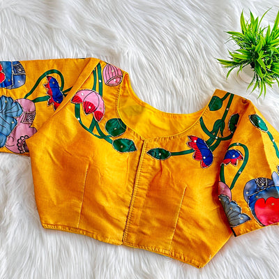 Yellow Pure Silk Blouse with Decent Print and Antique Handcrafted Work