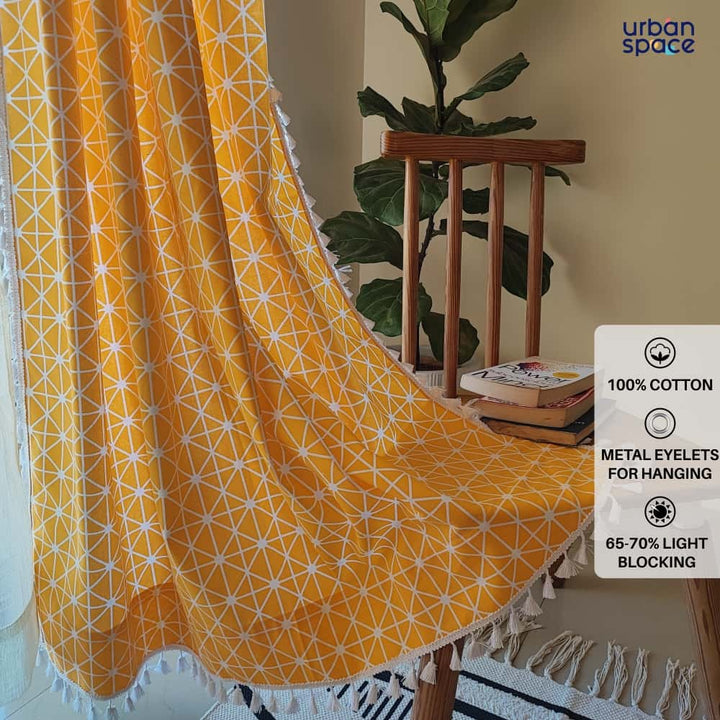 100% Cotton Boho Curtain for Window & Door - Pack of 2 Curtains With 2 FREE Cushion Covers, Yellow Star