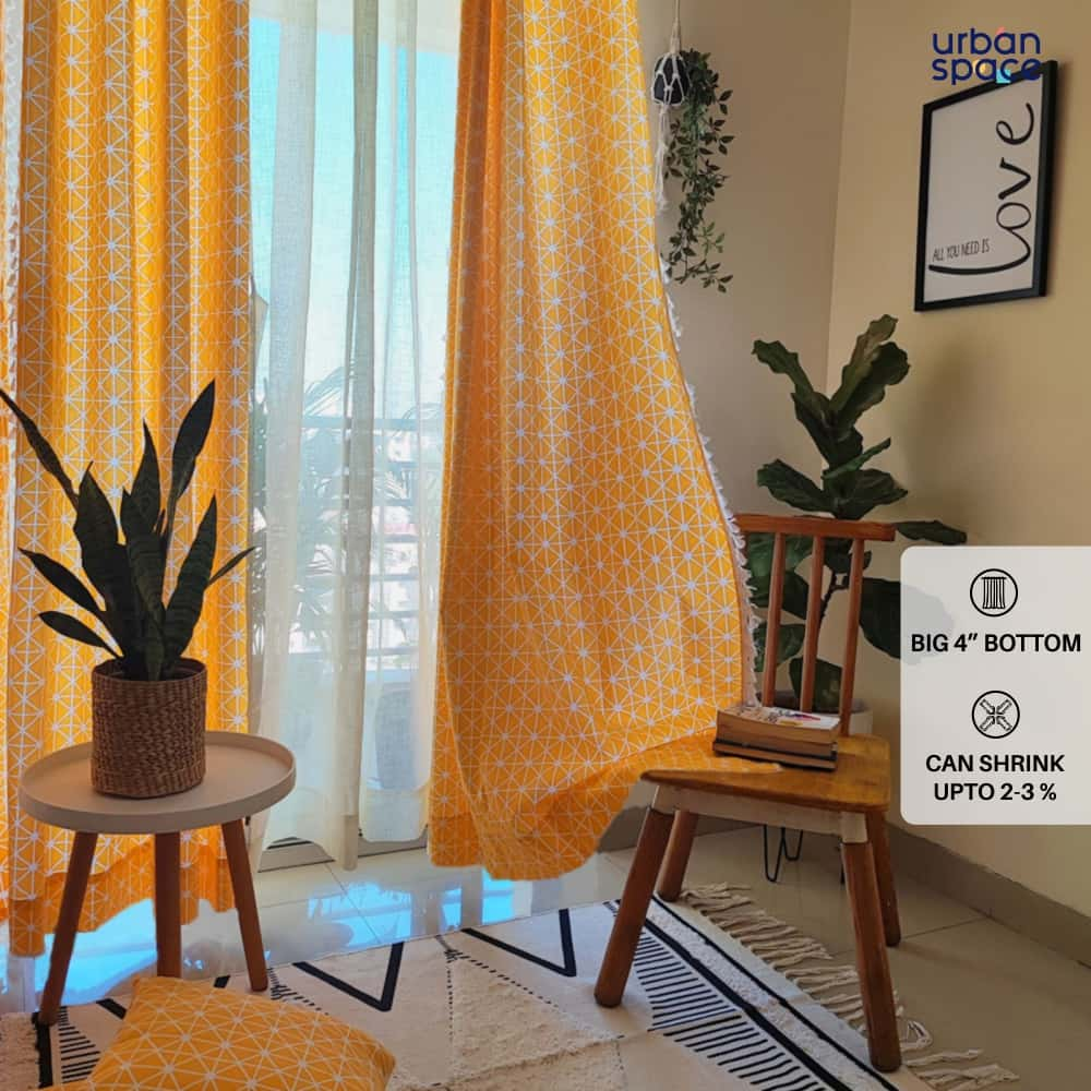 100% Cotton Boho Curtain for Window & Door - Pack of 2 Curtains With 2 FREE Cushion Covers, Yellow Star