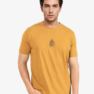 Rare Rabbit Men's Ware Mustard Cotton Lycra Fabric Crew Neck Half Sleeves Regular Fit Embroidered Monogram T-Shirt
