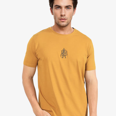 Rare Rabbit Men's Ware Mustard Cotton Lycra Fabric Crew Neck Half Sleeves Regular Fit Embroidered Monogram T-Shirt