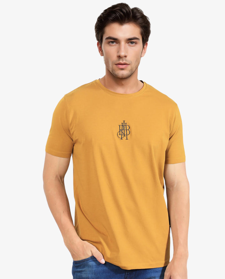 Rare Rabbit Men's Ware Mustard Cotton Lycra Fabric Crew Neck Half Sleeves Regular Fit Embroidered Monogram T-Shirt