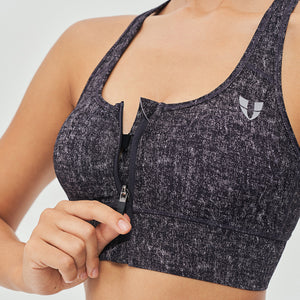 Zip Front Sports Bra - Denim Black