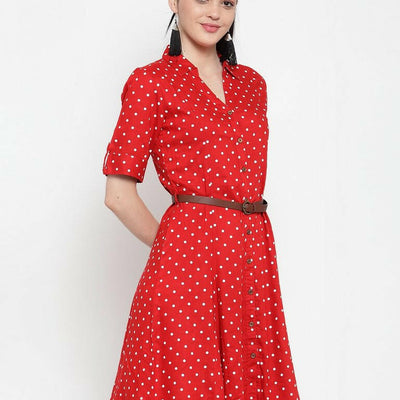 BlackTree Red Cotton Polka Dots Dress..