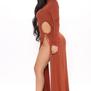 BlackTree Slitsation Long Sleeve Maxi Dress - Rust.