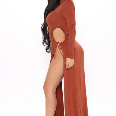 BlackTree Slitsation Long Sleeve Maxi Dress - Rust.