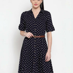 BlackTree Navy Blue Cotton Polka Dots Dress..