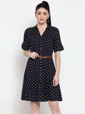 BlackTree Navy Blue Cotton Polka Dots Dress..