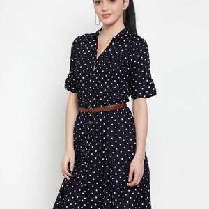 BlackTree Navy Blue Cotton Polka Dots Dress..