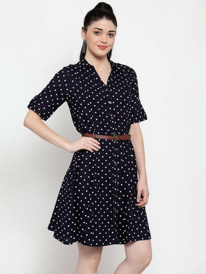 BlackTree Navy Blue Cotton Polka Dots Dress..