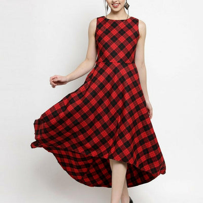 Women Checked Red Round Neck Dress..