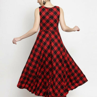 Women Checked Red Round Neck Dress..
