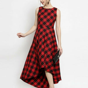 Women Checked Red Round Neck Dress..