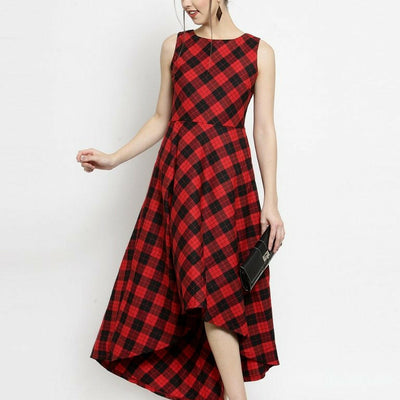 Women Checked Red Round Neck Dress..
