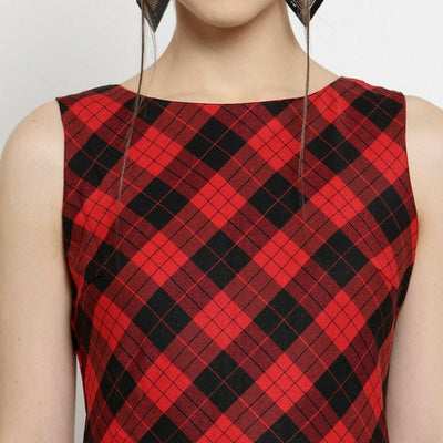 Women Checked Red Round Neck Dress..