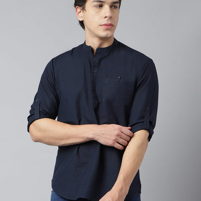 Men Navy Standard Fit Solid Kurta
