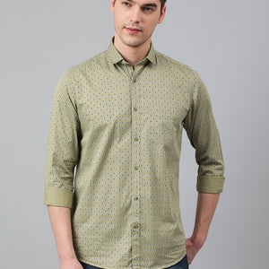 Men Dark Khakhi Standard Fit Printed Casual Shirt