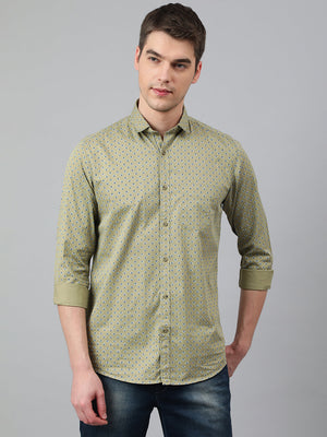 Men Dark Khakhi Standard Fit Printed Casual Shirt