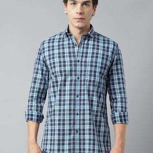 Men Navy Turquoise Standard Fit Checkered Casual Shirt