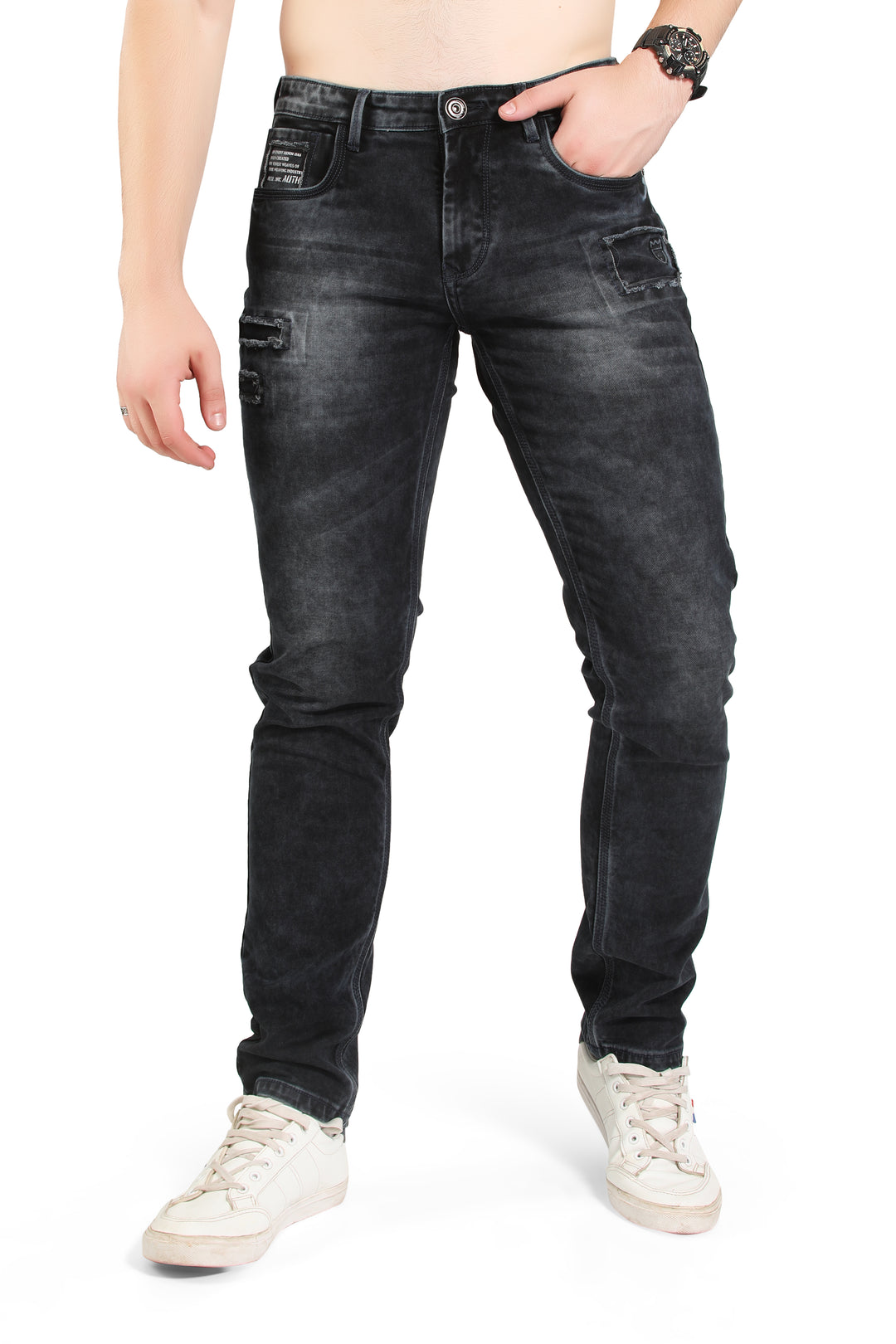 BLACKTREE MEN'S PATCHED RIPPED SLIM STRETCH JEANS BT0017..