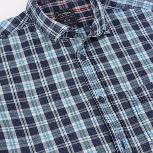 Men Navy Turquoise Standard Fit Checkered Casual Shirt