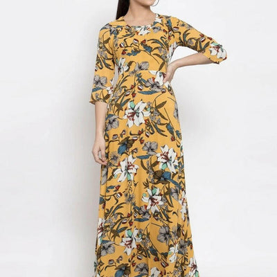 BlackTree Women Printed Yellow Round Neck Dress..
