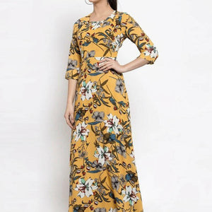 BlackTree Women Printed Yellow Round Neck Dress..