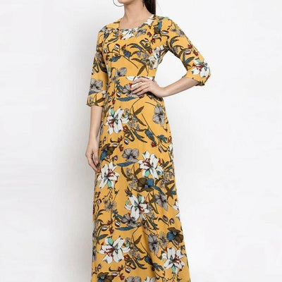 BlackTree Women Printed Yellow Round Neck Dress..