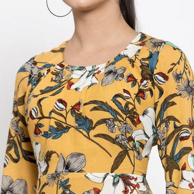 BlackTree Women Printed Yellow Round Neck Dress..