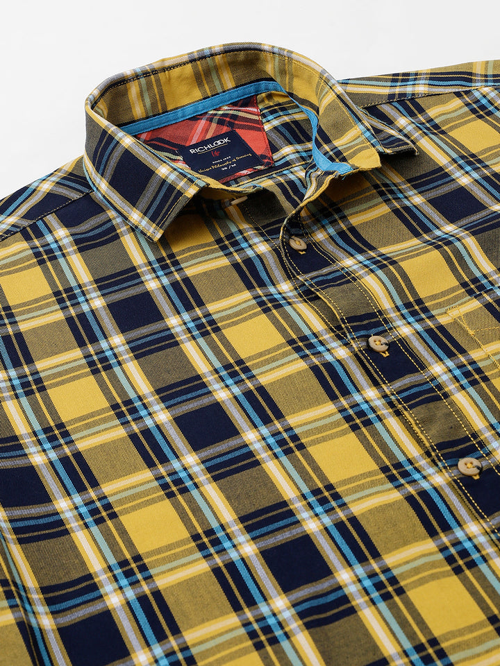 Men Mustard Standard Fit Checkered Casual Shirt