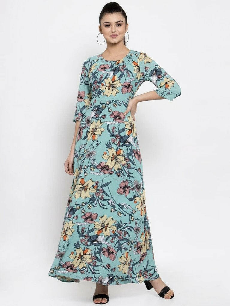 BlackTree Women Printed Green Round Neck Dress..