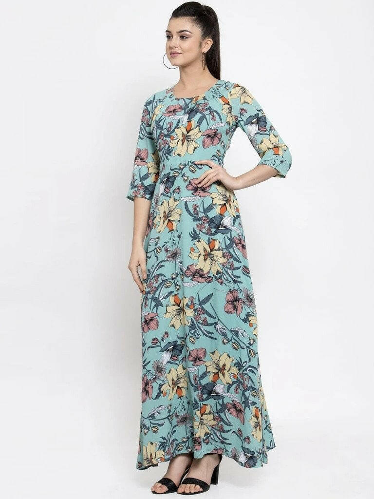 BlackTree Women Printed Green Round Neck Dress..