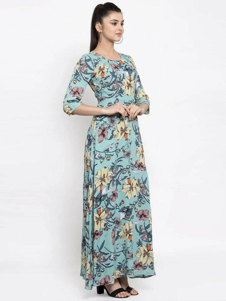 BlackTree Women Printed Green Round Neck Dress..